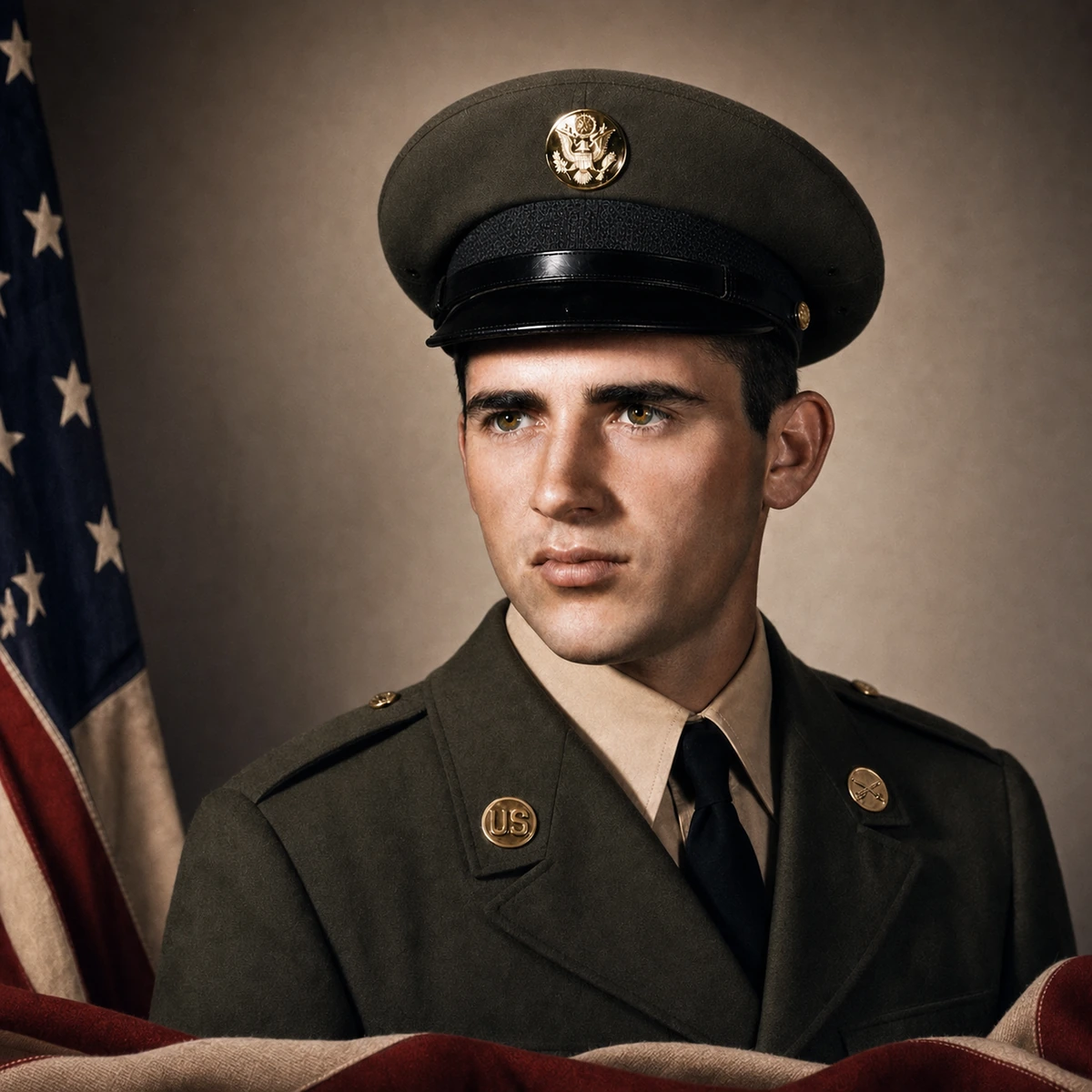 Classic portrait of Carl Robert "Bob" Leal in his United States Army uniform with American flag details