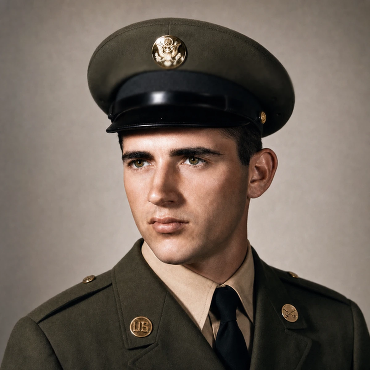 Carl Robert "Bob" Leal in his United States Army uniform, restored color portrait