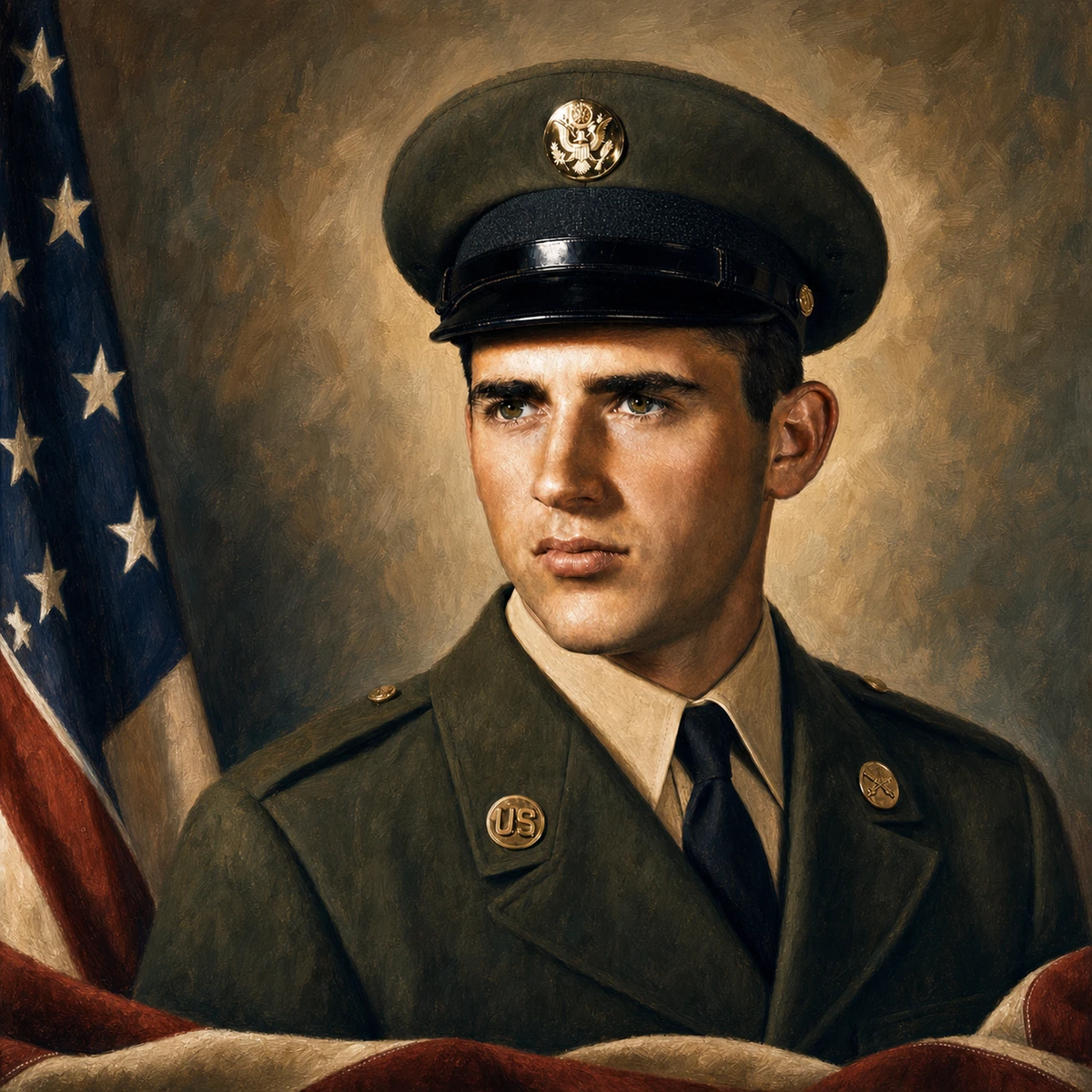 Painted Americana portrait of Carl Robert "Bob" Leal in his United States Army uniform