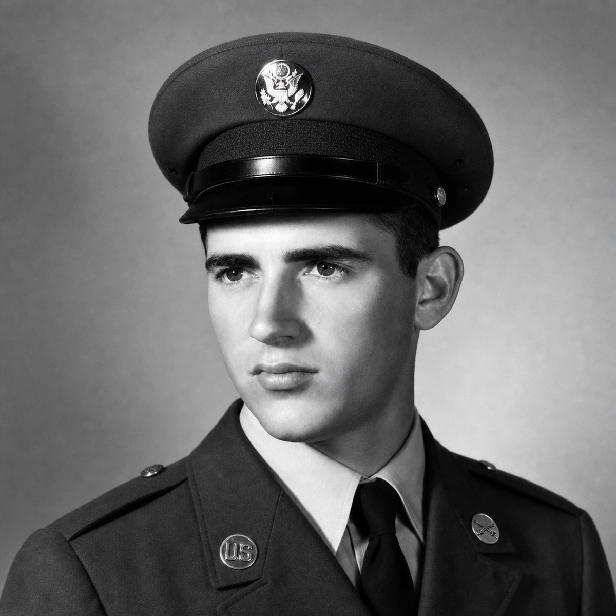 Carl Robert "Bob" Leal in his United States Army uniform, restored black-and-white portrait