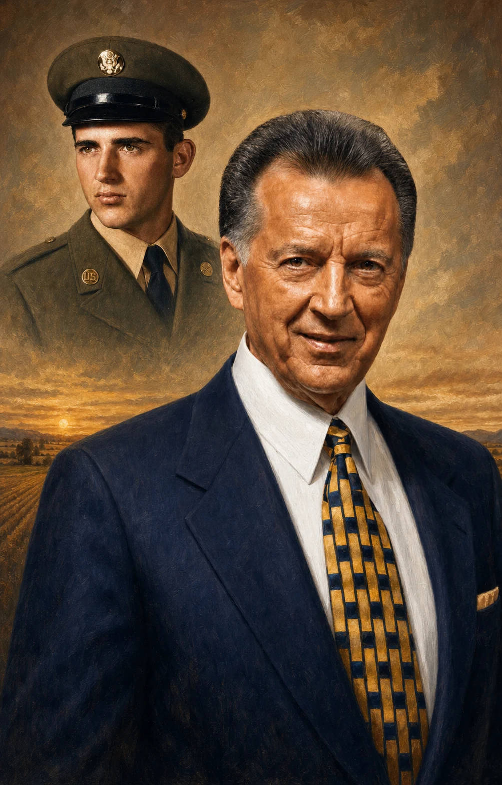 Painted portrait of Carl Robert "Bob" Leal later in life with his younger United States Army portrait behind him above Sutter-Yuba rice fields at sunset