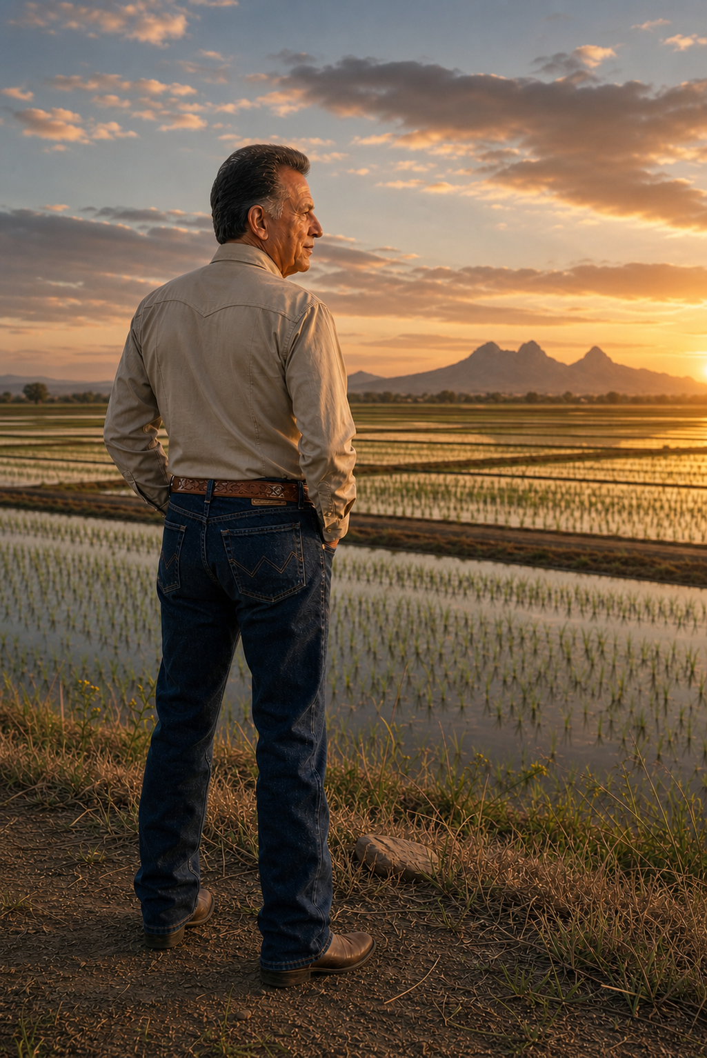 Carl Robert "Bob" Leal standing beside Sutter-Yuba rice fields at sunset
