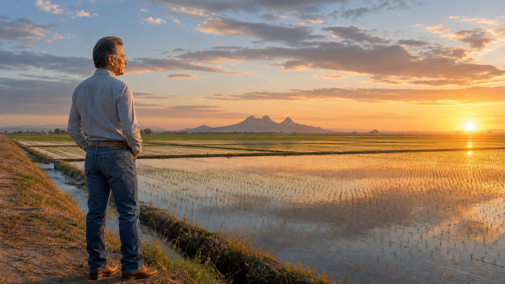 Carl Robert "Bob" Leal overlooking Sutter-Yuba rice fields at sunset