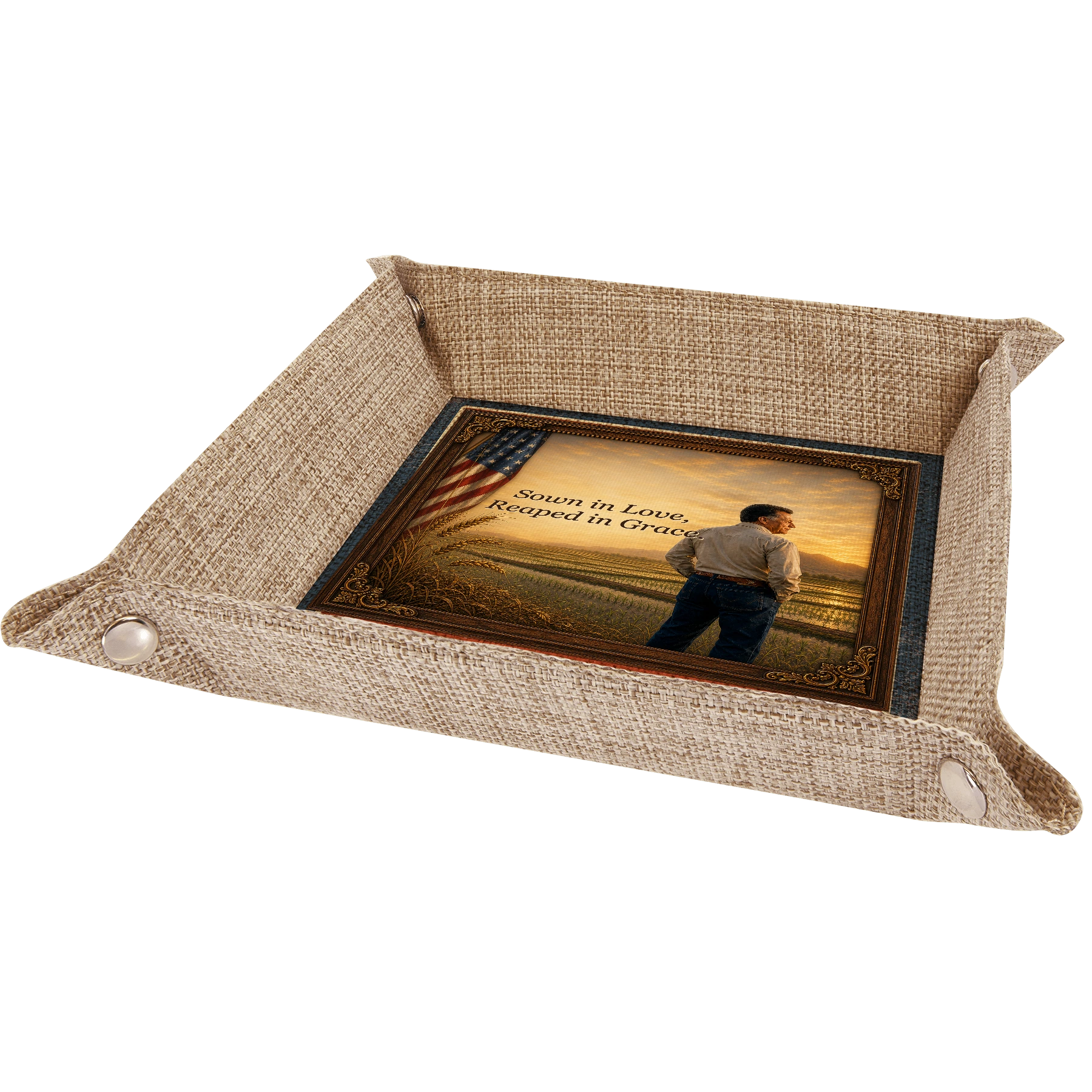 Keepsake tray showing Bob overlooking the rice fields